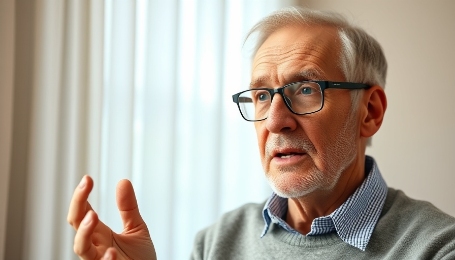 Elderly man discussing health topics indoors, causes of heart disease.