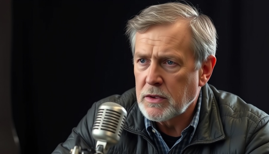 Middle-aged man with microphone talking on podcast in quilted jacket.