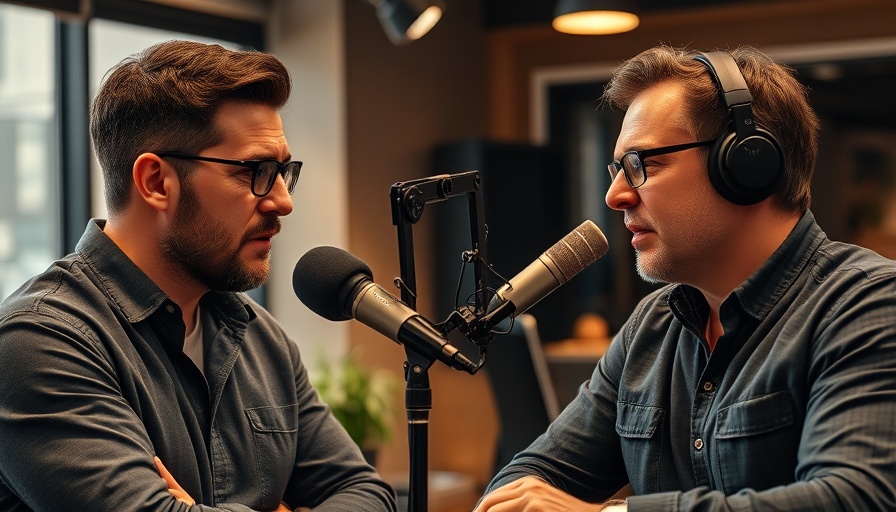 Two men discussing in a podcast studio, highlighting conversation.
