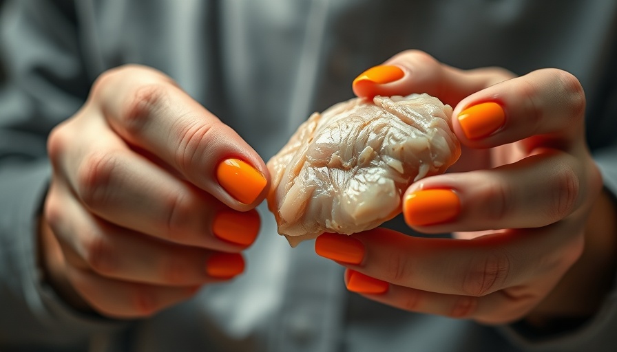 Close-up examining processed chicken for microplastics, bright nails.