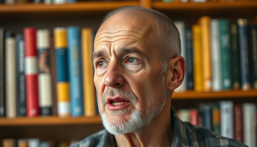 Older man speaking in a room with a bookshelf in the background.