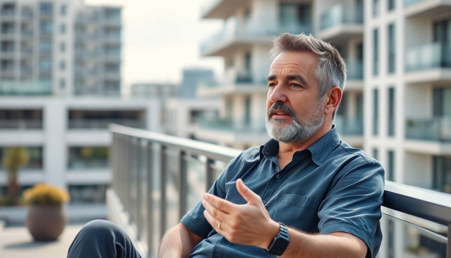 Man discussing how to help your dog live longer on a balcony.