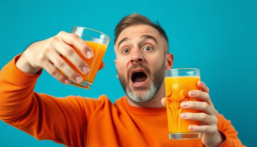 Drink Daily for Joint Pain Relief - amazed man with juice and knee illustration.