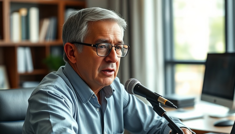 Older man in office speaks on benefits of chicken skin, podcast setup.