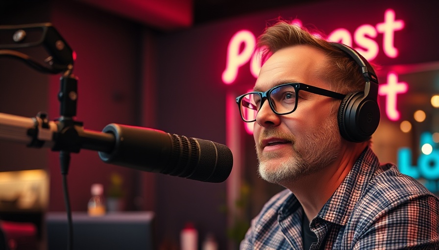 Podcast discussion in studio with neon sign background