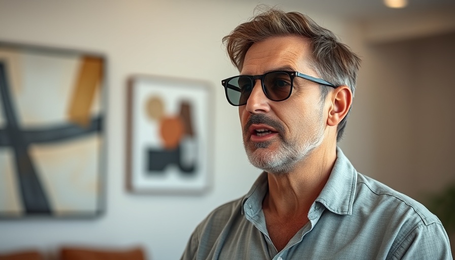 Casual indoor conversation scene with a man wearing sunglasses, modern art in background.