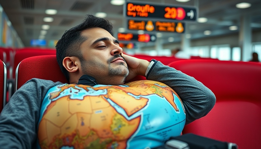 Defeating jet lag: tired traveler with globe pillow in airport.