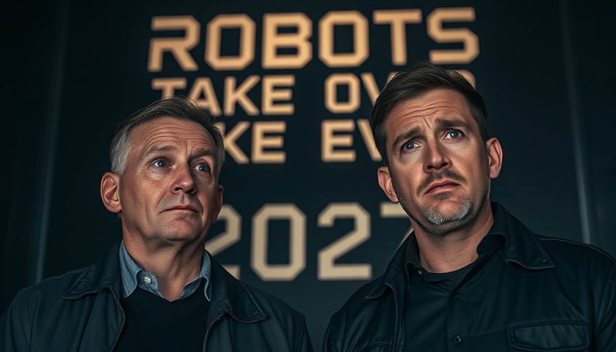 Two men discussing AI and humanity 2027 under bold text.