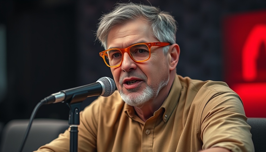 Man in yellow-tinted glasses speaking into microphone in studio.
