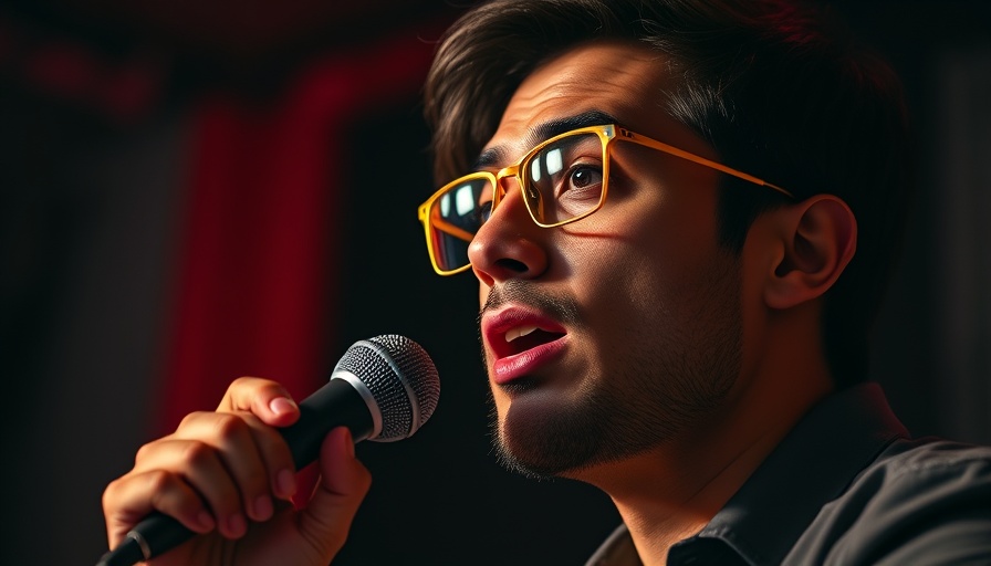 Focused individual speaking into a microphone with yellow-tinted glasses, enhancing productivity.