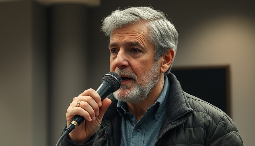 Man in quilted jacket speaking into microphone, soft lighting.
