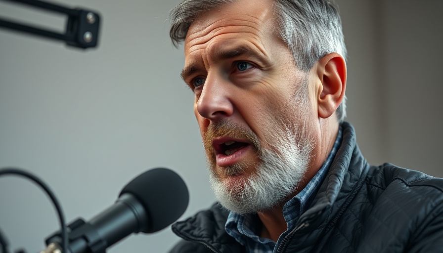 Close-up of a man speaking during a podcast interview in a studio.