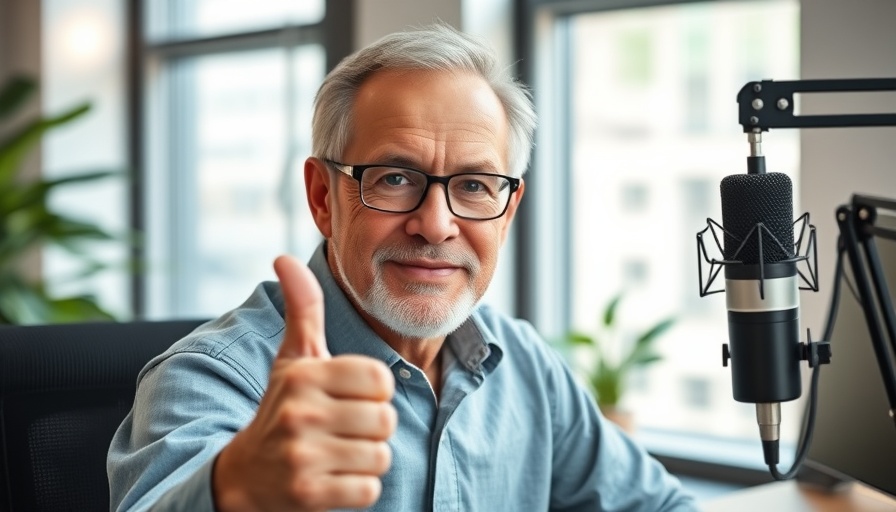 Podcast host giving thumbs up in office setting.