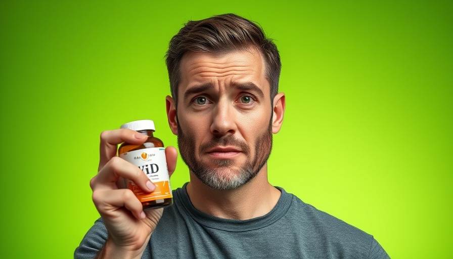 Man expressing concern holding a Vitamin D bottle, green background.