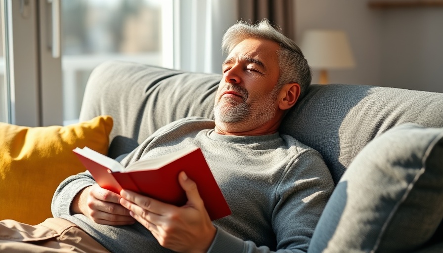 Middle-aged man embracing the benefits of rest without sleep on couch.