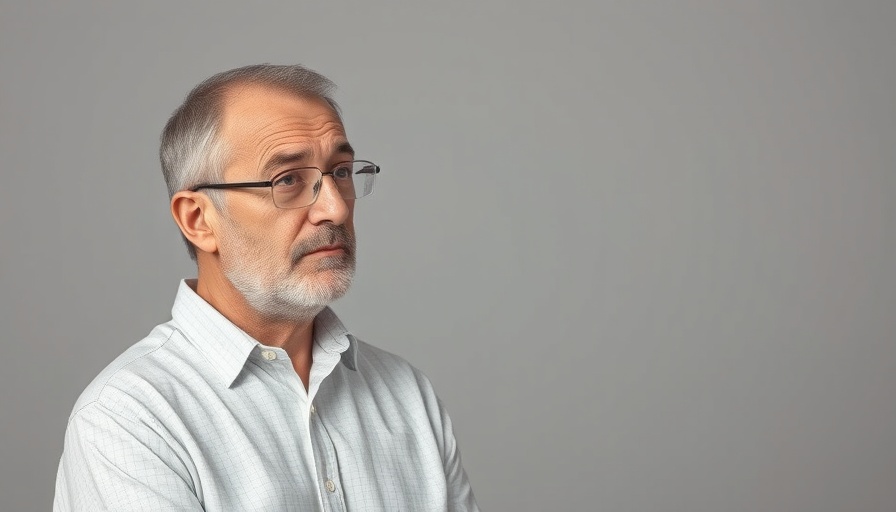 Middle-aged man discussing food fueling joint pain on gray background.