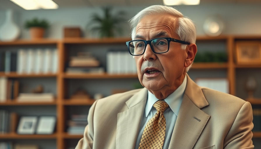 Elderly man discussing health risks in chocolate, warm office setting.