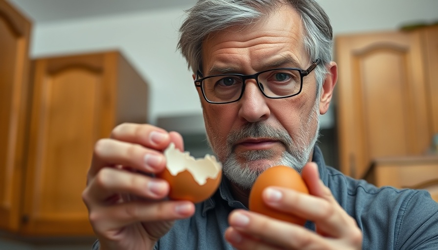 Middle-aged man explaining 10x the Benefits of Eggs indoors.
