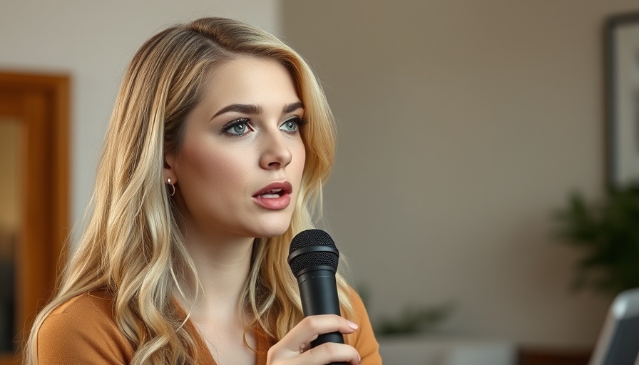 Woman discussing microplastics, focused expression, indoor setting.