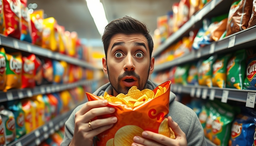 Man fascinated by snack chips in colorful grocery aisle.
