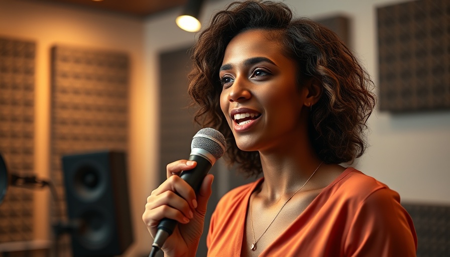 Confident woman speaking in a podcast studio about anhedonia.