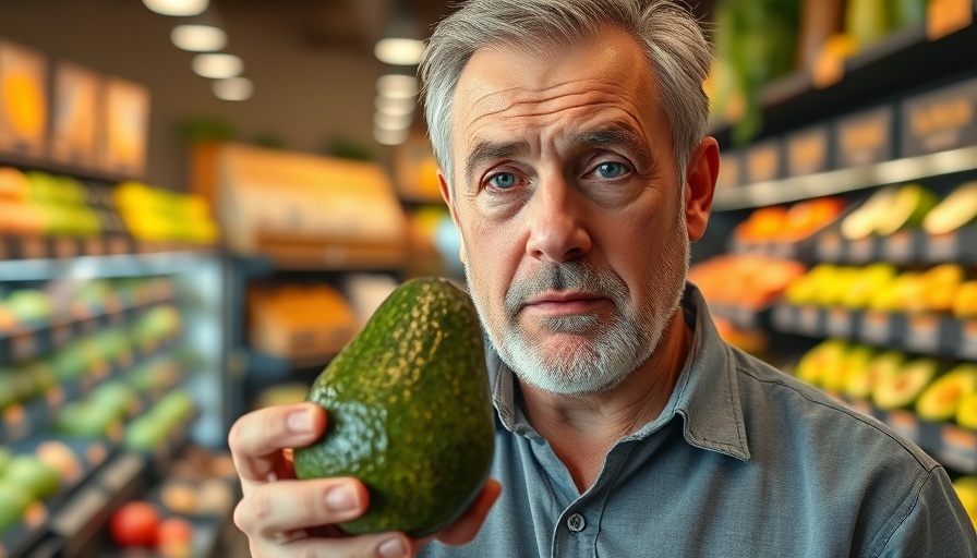 Man holding avocado highlighting health risks of avocado consumption in a store.