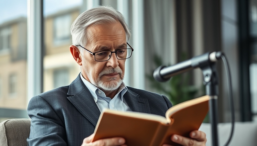 Distinguished older man reading in a modern podcast setting.
