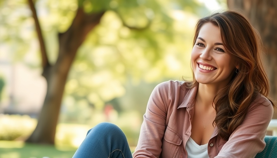 Smiling woman promoting event in natural setting.
