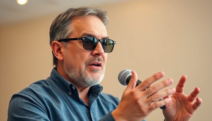 Middle-aged man discussing productivity through intimacy with a microphone.