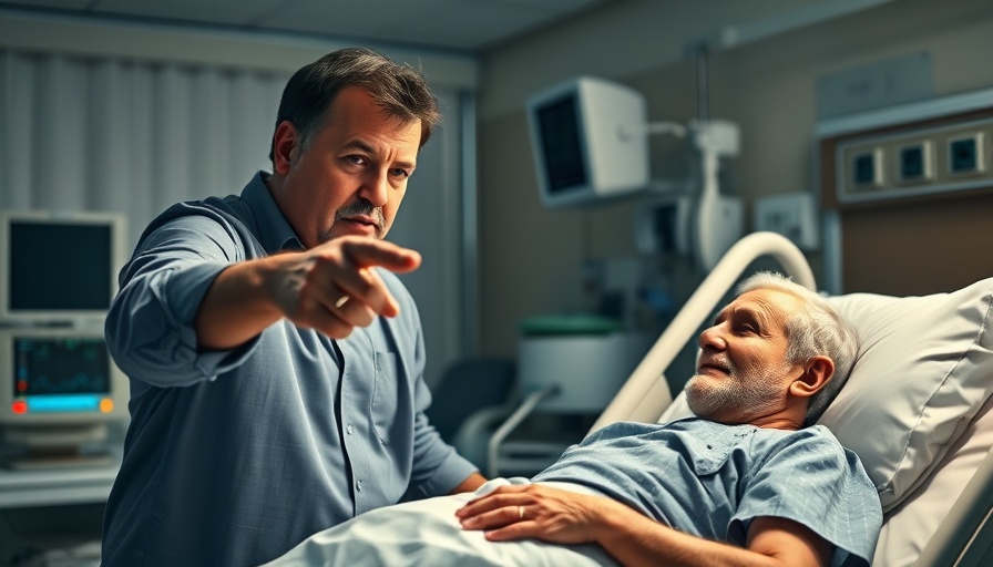 Middle-aged man pointing at older man in hospital bed, discussing Why Men Die Earlier.