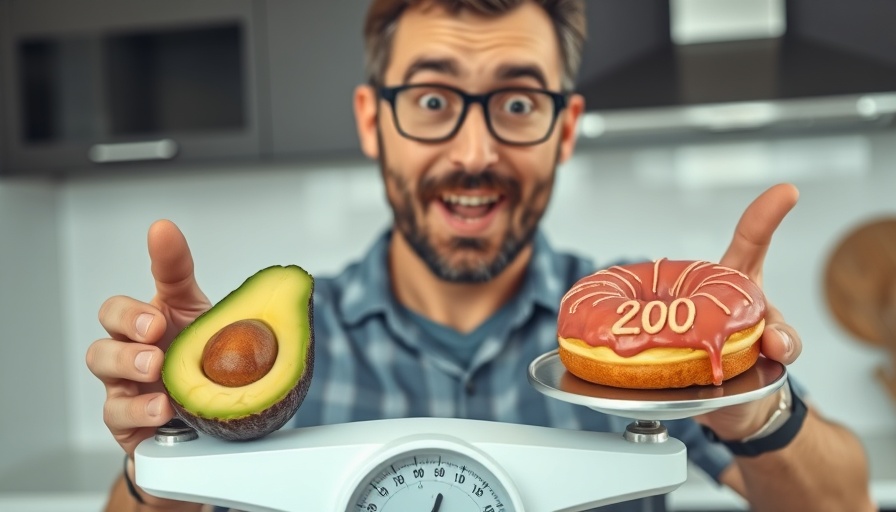 Surprised man with avocado and donut on scales showing 200 calories, illustrating the biggest weight loss lie.