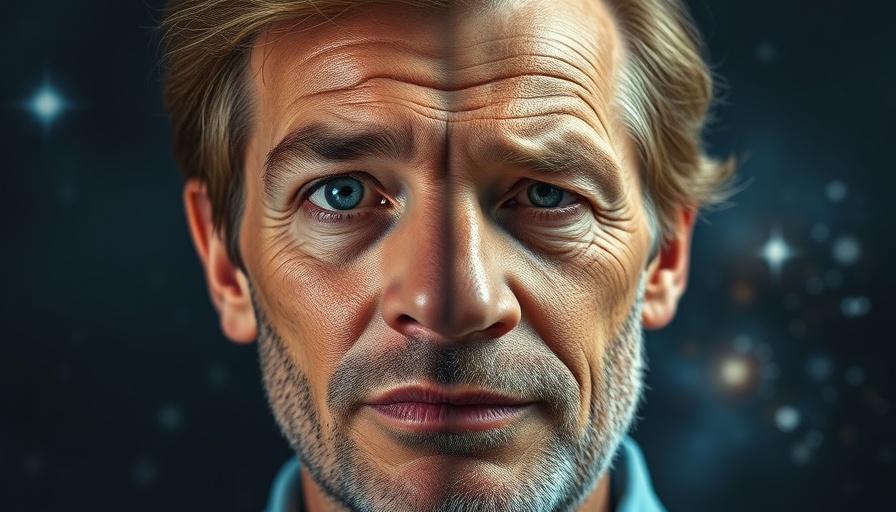 Split portrait of man illustrating age transition in cosmos.