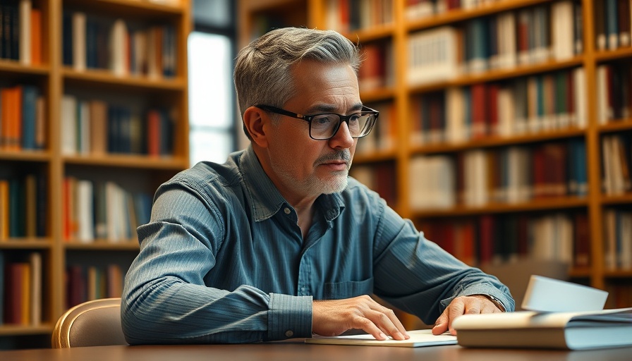 Man contemplating strategies for arthritis in a library setting.