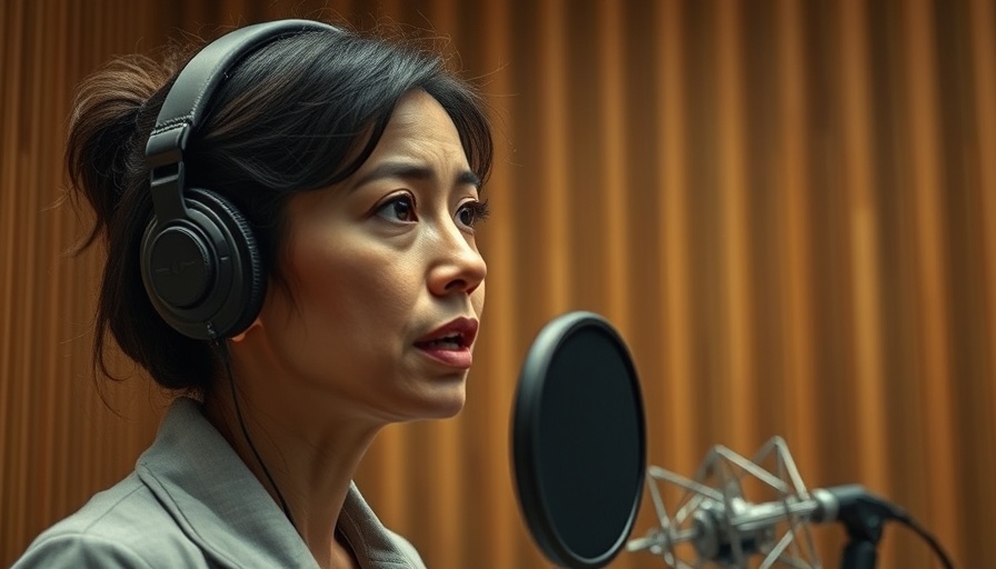 Reflective woman speaking into a microphone, neutral background, soft lighting.