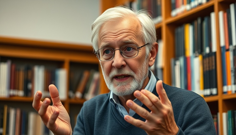 Elderly man speaking about Transcendental Meditation with expressive gesture.