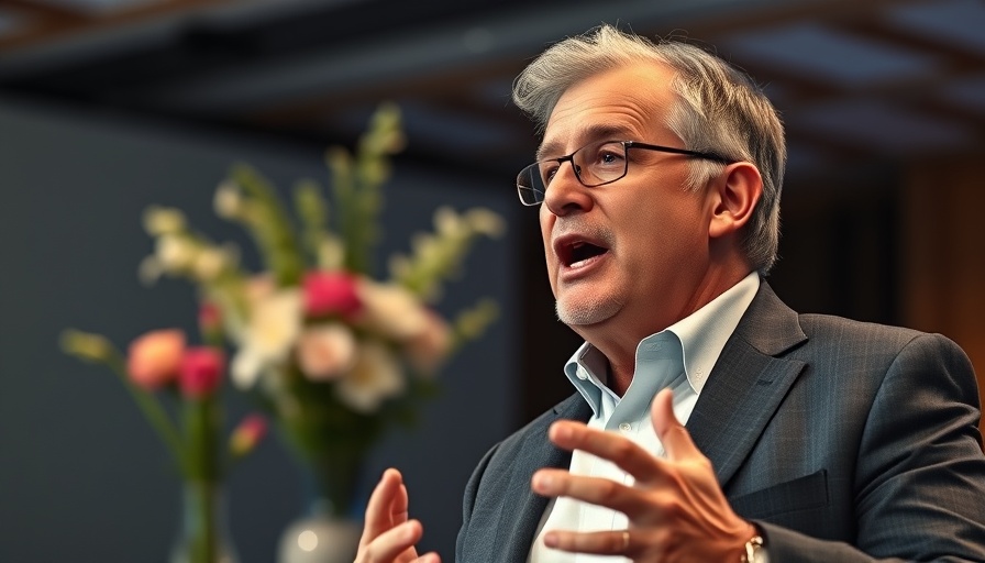 Middle-aged man speaking at an event about finding joy in wealth and happiness.