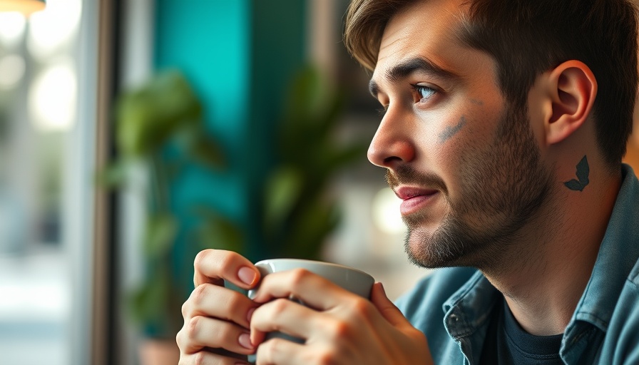 Casual man discusses health benefits of caffeine while holding coffee mug indoors.