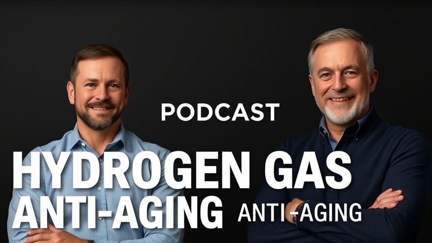 Photorealistic podcast thumbnail with two men discussing anti-aging and hydrogen gas.
