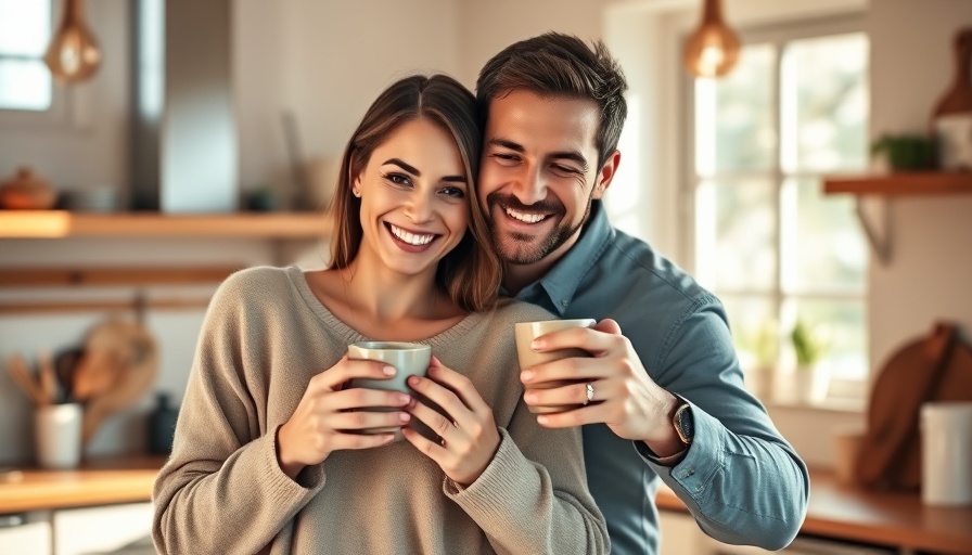 Smiling couple embracing in a kitchen, holding coffee cups.