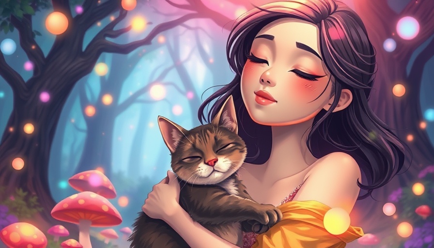 Emotional wellness after losing a pet: Woman and cat in a magical forest.