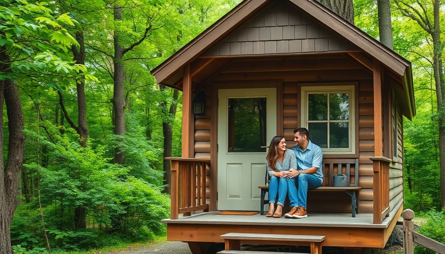 Couple enjoying their tiny house porch in a forest setting.