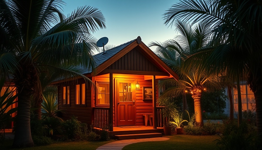 Cozy wooden tiny house villa rental with palm trees.