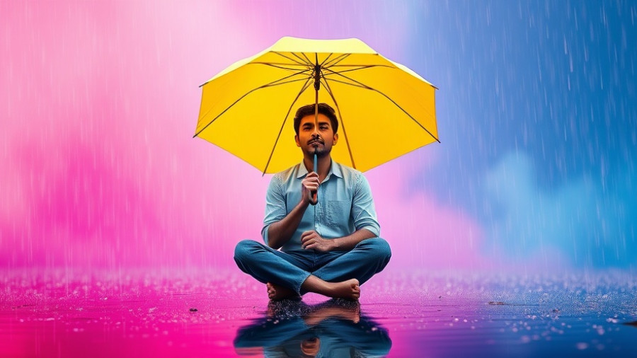 Man with umbrella achieving emotional wellness in colorful rain.