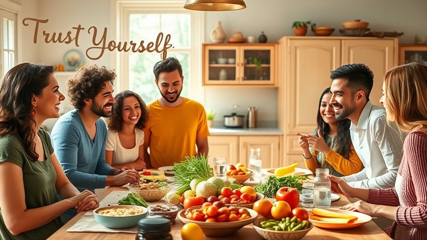 Joyful gathering in a warm kitchen promoting nutritional awareness and intuitive eating.