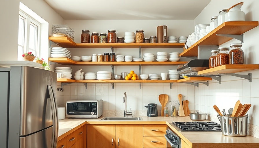 Efficient kitchen layout with wooden shelves and stainless appliances.