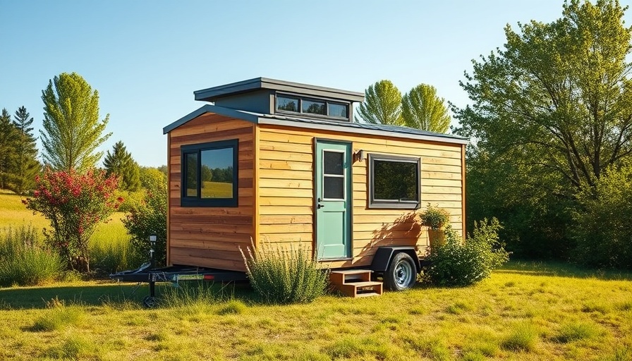 Modern tiny house trailer amidst greenery, sunny day