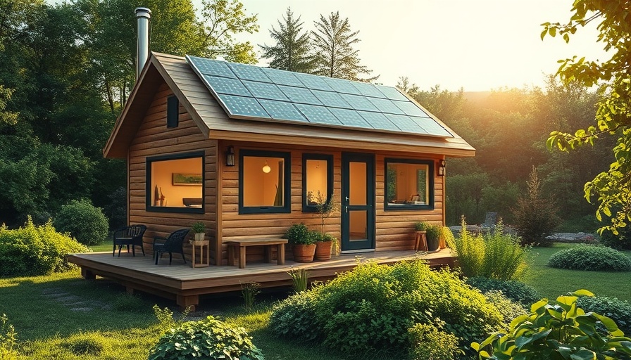 Eco Tiny House Powered by Old EV Batteries amidst green landscape.