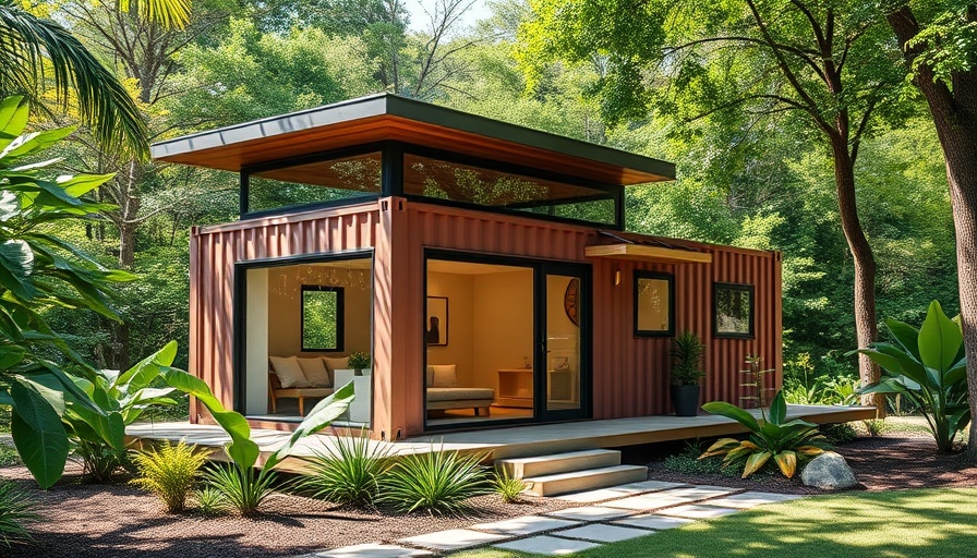 Modern shipping container home surrounded by greenery.