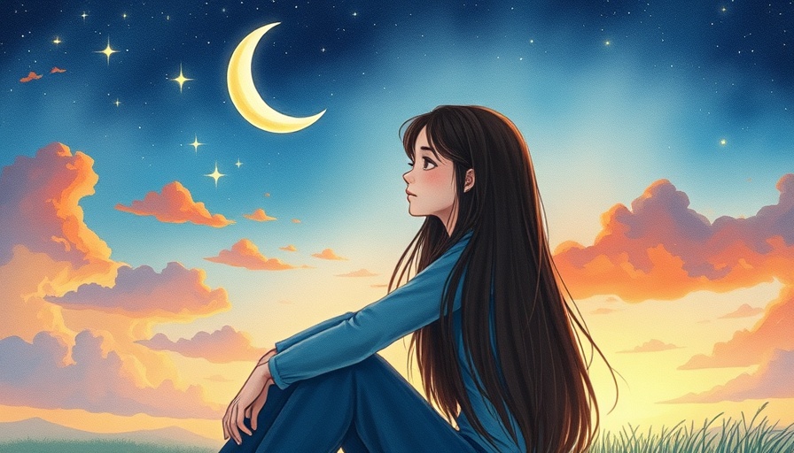 Illustration of a woman reflecting under a crescent moon, emotional wellness.
