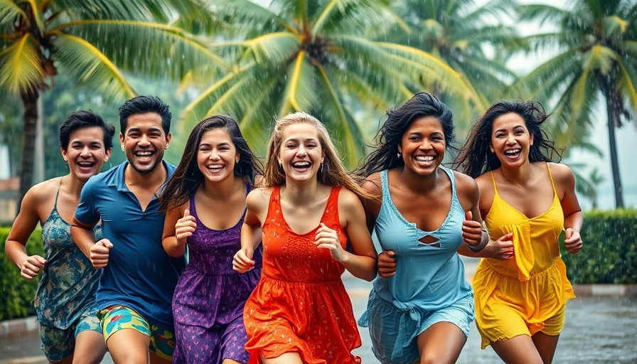 Joyful group running in the rain, embracing emotional wellness.